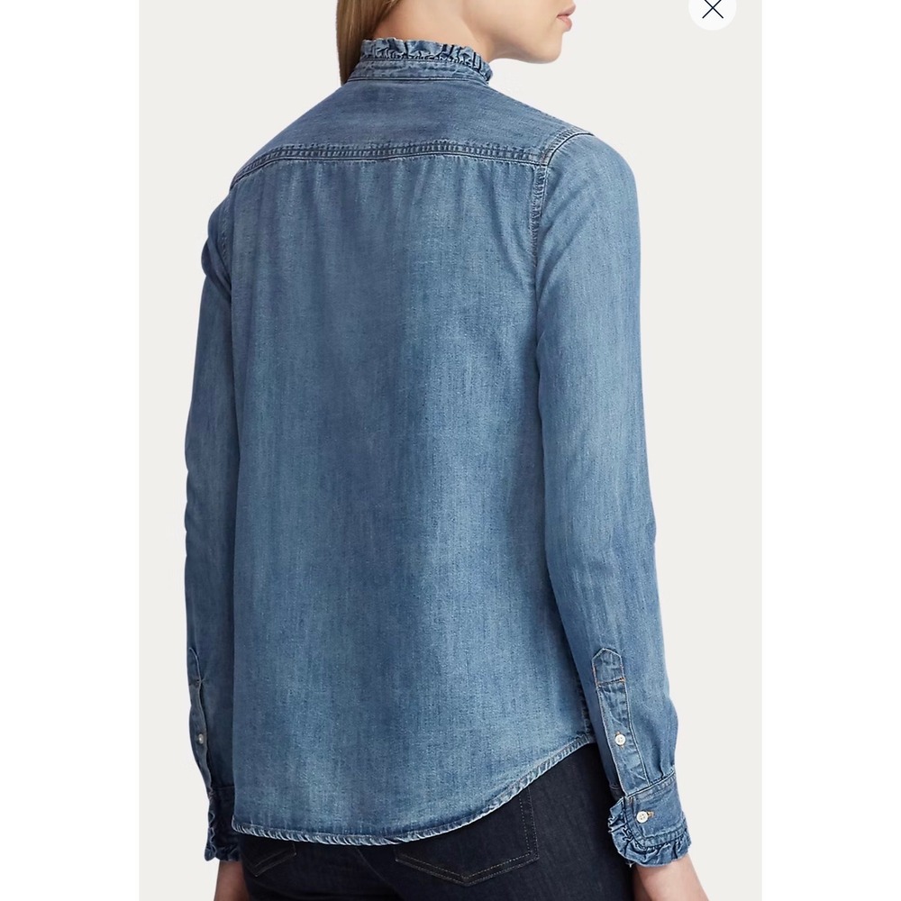 Lauren Ralph Lauren Denim Ruffle Shirt Womens 2X Blue Cotton Long Sleeve Blouse - Picture 4 of 13